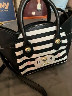 Betsey Johnson Black & White Striped Cat Satchel with Pink Cheeks